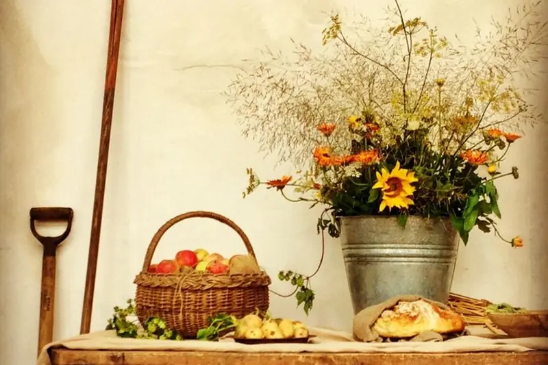Höstig bild från Hovdala slott med blommor och nyskördade grönsaker