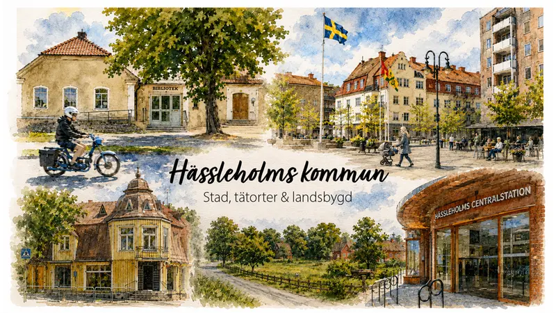 Akvarellillustration Kollage av tätort, landsbygd och stad.