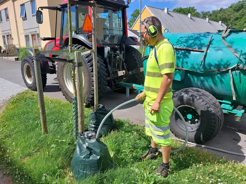 Anställd fyller vattenbehållare med slang från tankbil.