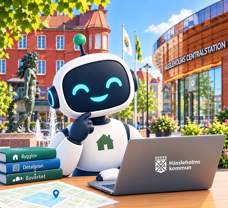 Ai-genererad bild på bygglovsassistenten Hasse i Hässleholmsmiljö.